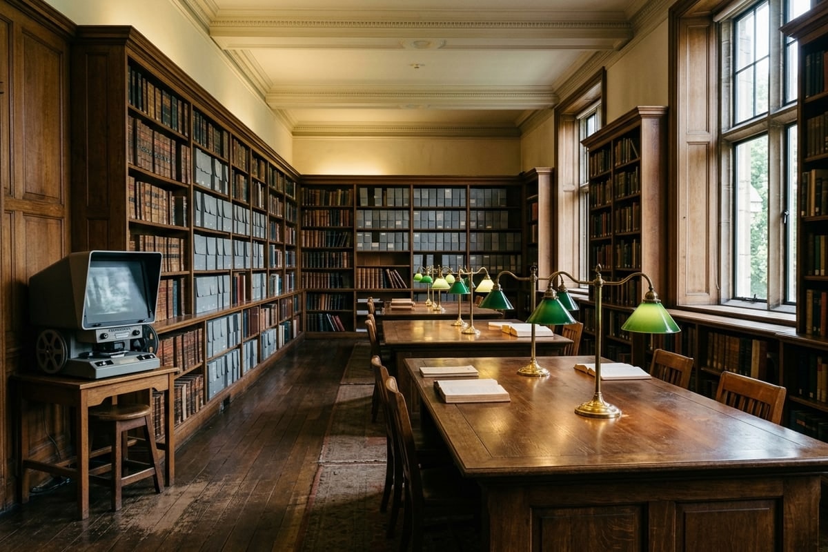 A local-history reading room with long oak tables, green-shaded lamps, bound volumes and grey archive boxes