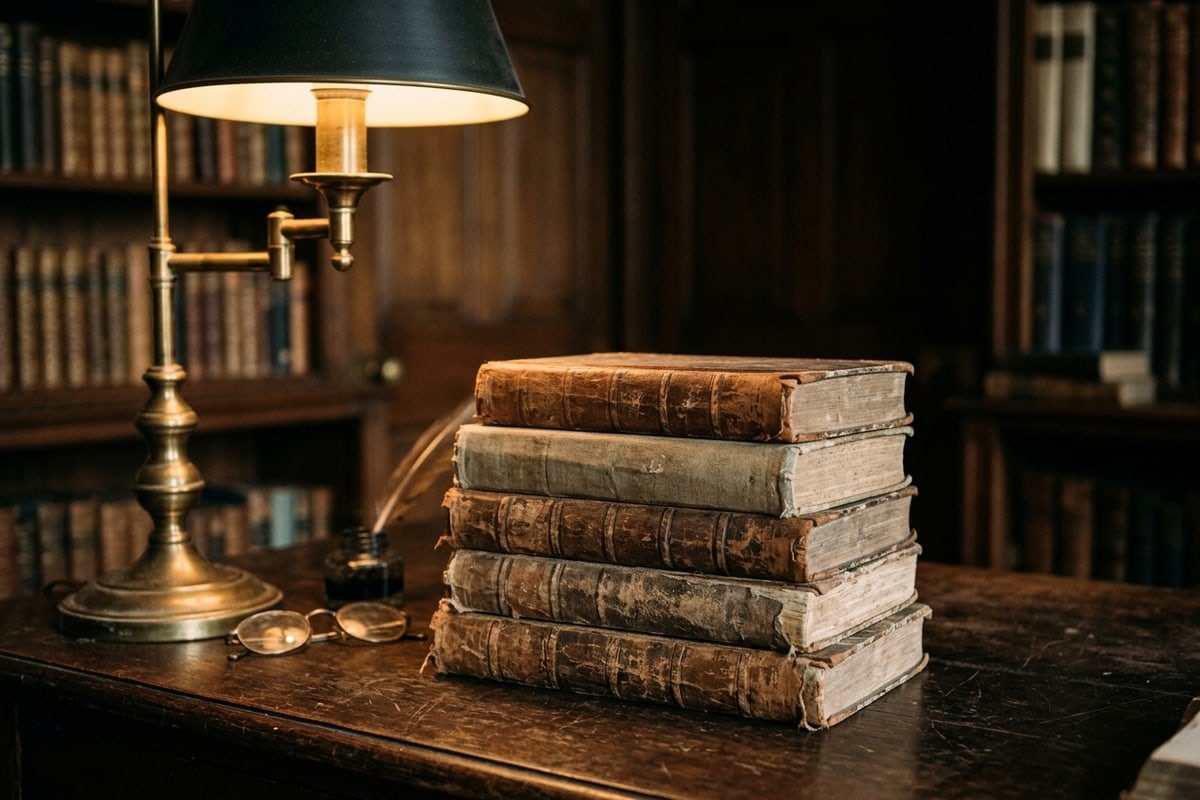 A stack of worn cloth-bound antiquarian books on a dark library table beside a brass reading lamp