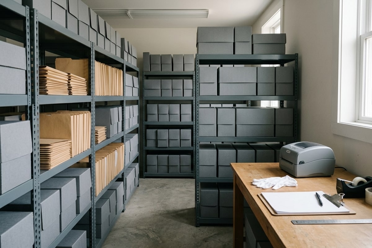 Grey archival storage boxes and acid-free folders on metal shelving in a small local museum workroom