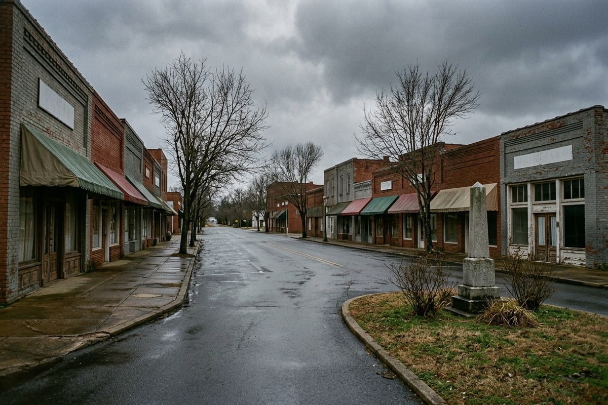 A quiet rural southern main street in February with low brick storefronts, bare trees and an overcast sky