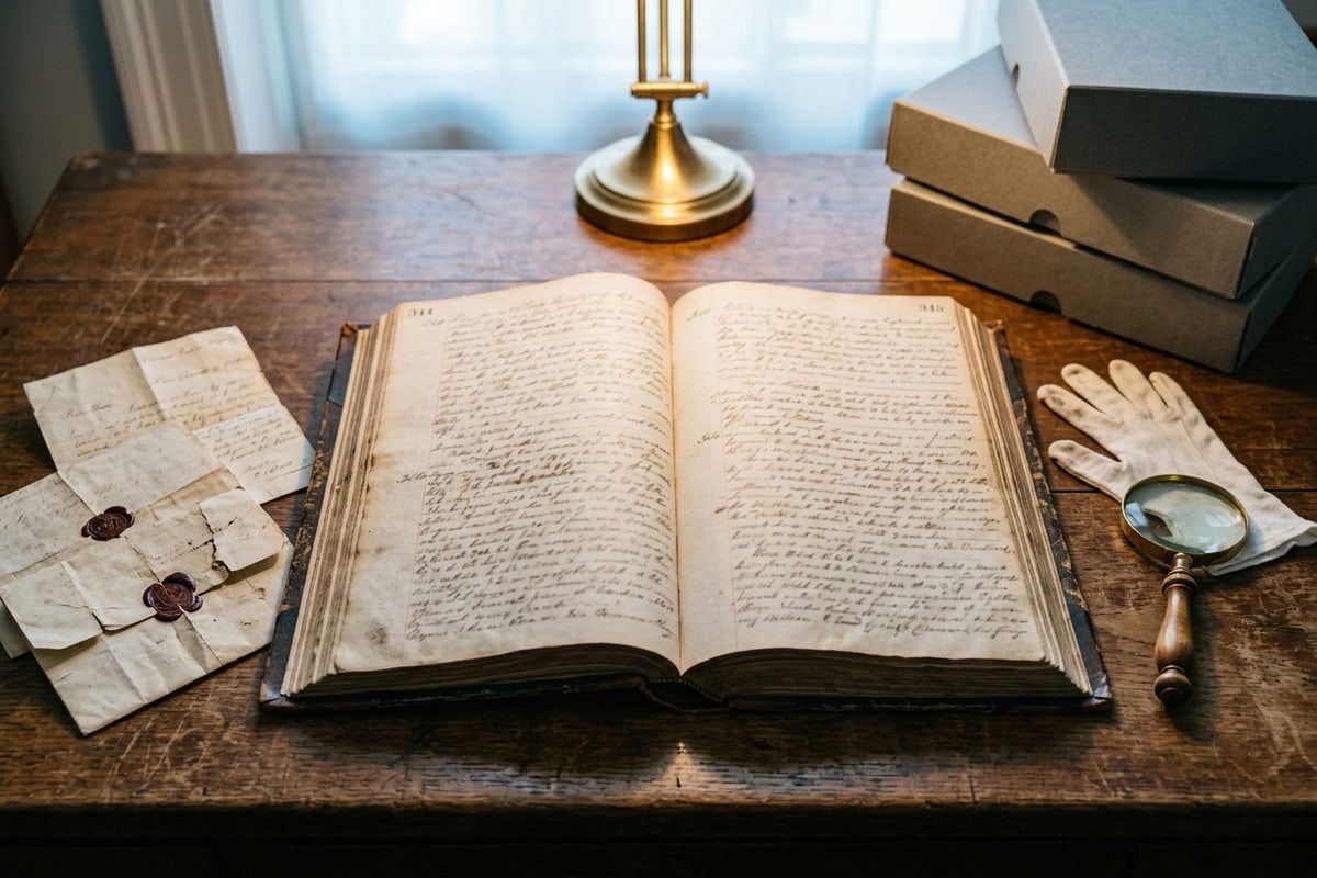 An open nineteenth-century handwritten ledger, folded letters and archival boxes on a conservation reading table