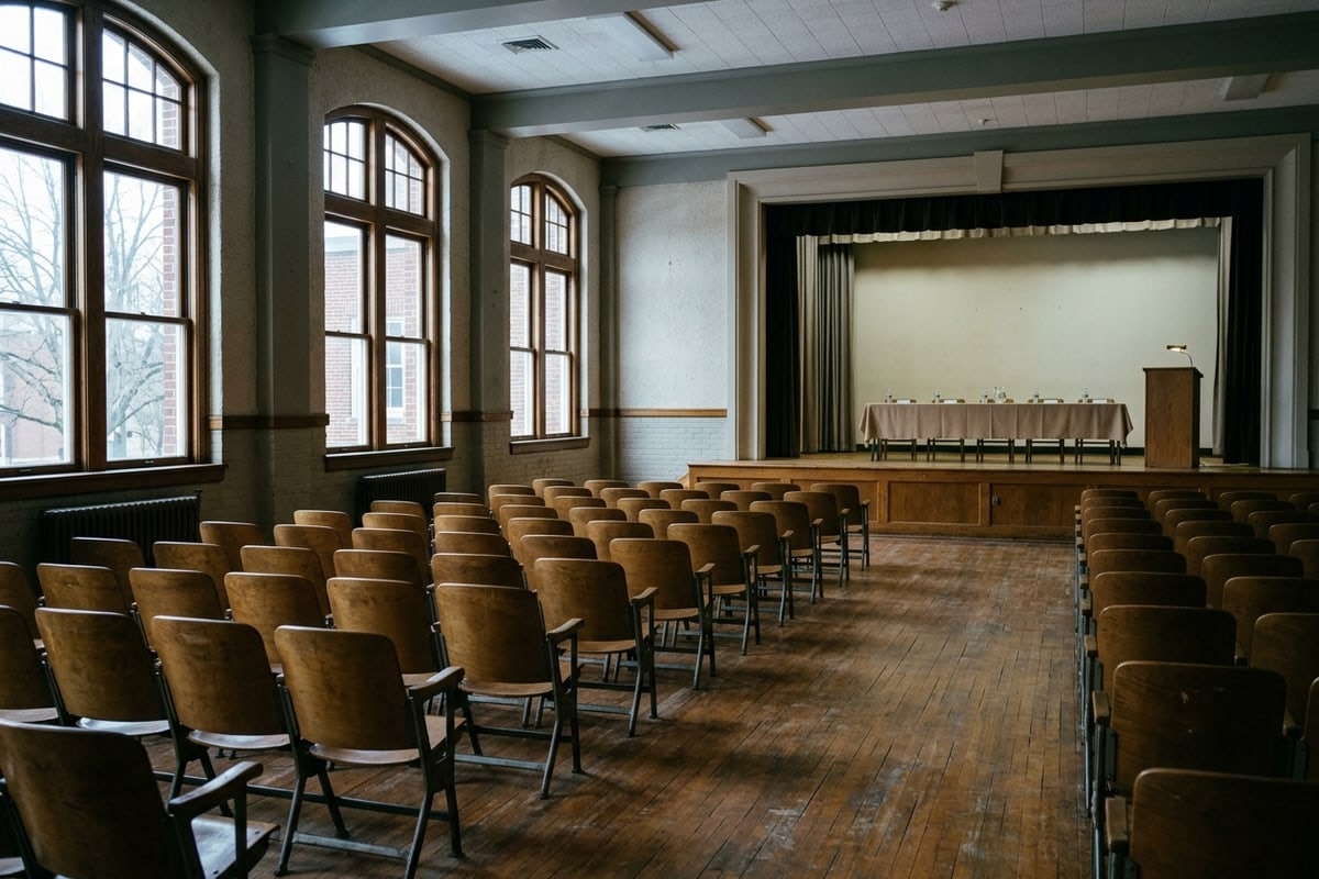 An empty small-town school auditorium set out with folding chairs facing a lectern and panel table