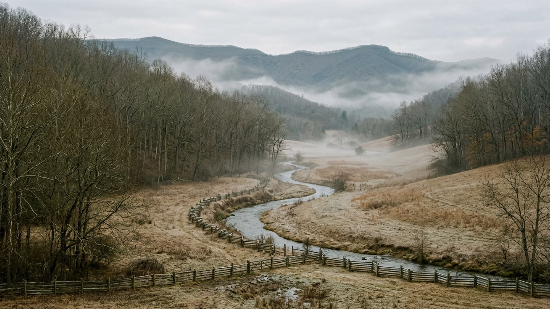 A creek winding through bare winter woodland in the Blue Ridge foothills of western North Carolina