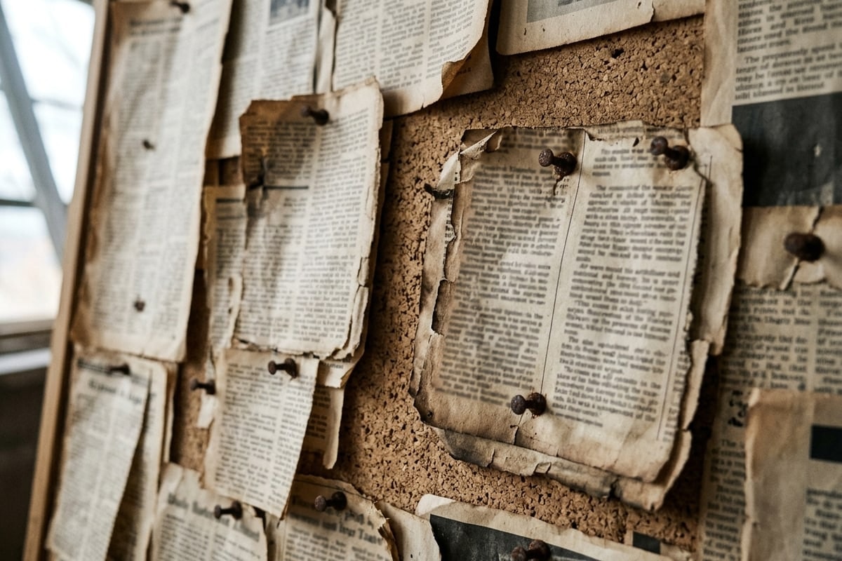 Yellowed newspaper clippings and magazine tear sheets pinned overlapping to a cork board