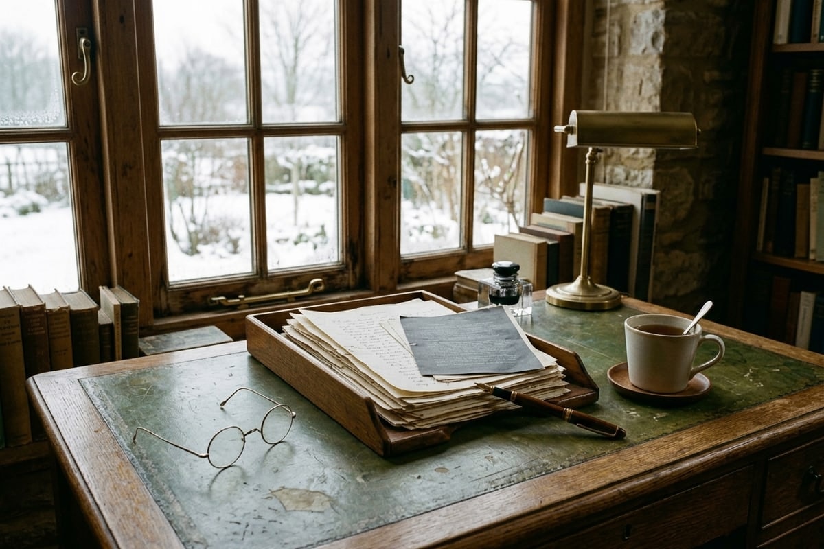 An old wooden writing desk by a window with stacked manuscript pages, spectacles and a fountain pen